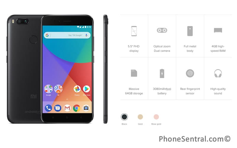 Specifications of the Xiaomi MiA1 smartphone.
